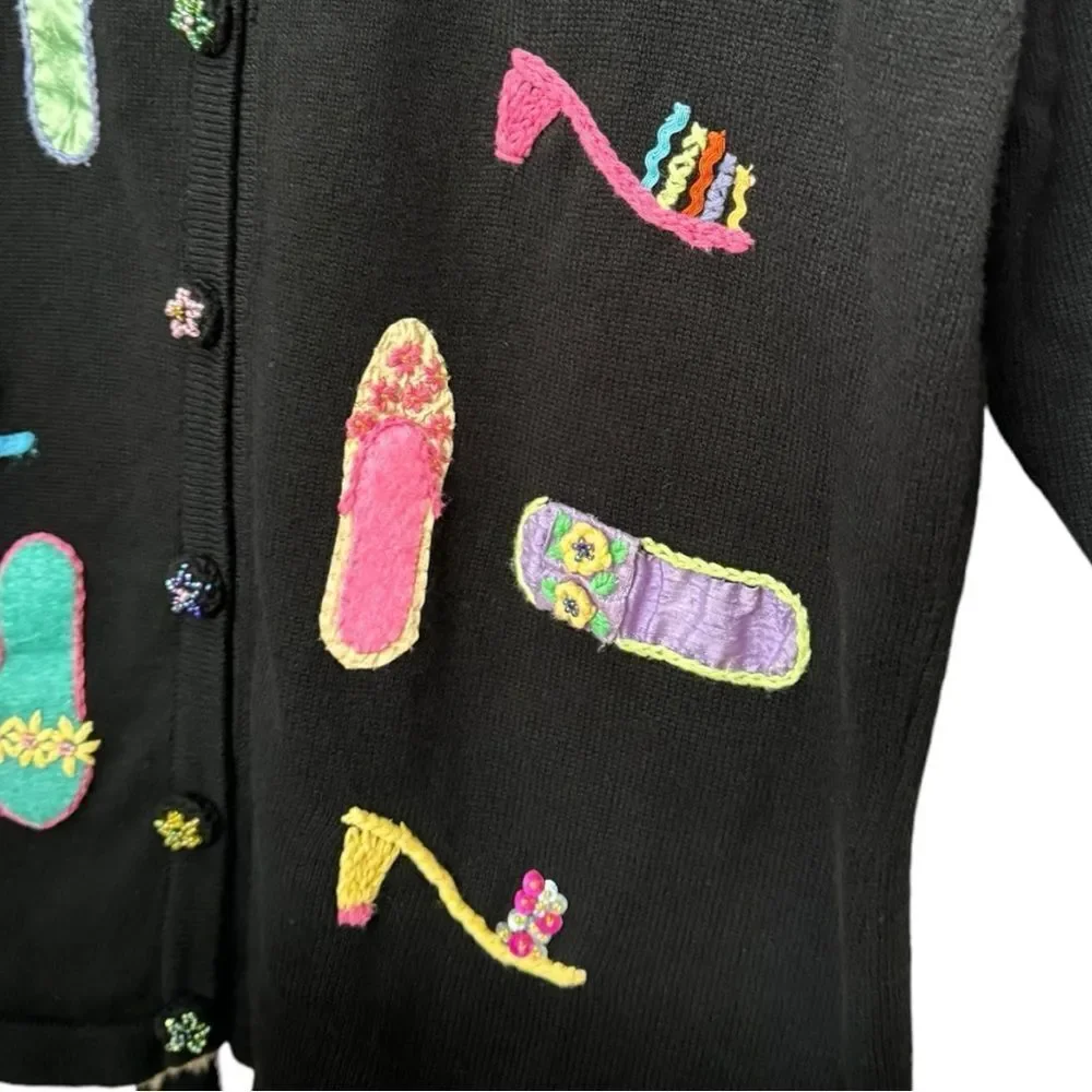 Talbots Petites Vintage Embroidered Shoes Heels Novelty Cardigan Sweater. Small.
